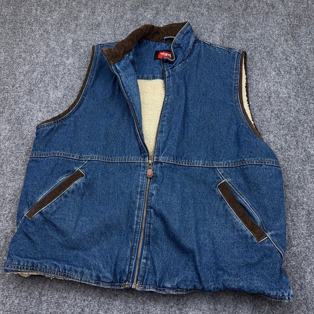 Wrangler Hero Denim Vest Men's XL Blue Sherpa Lined Corduroy Trim Full Zip